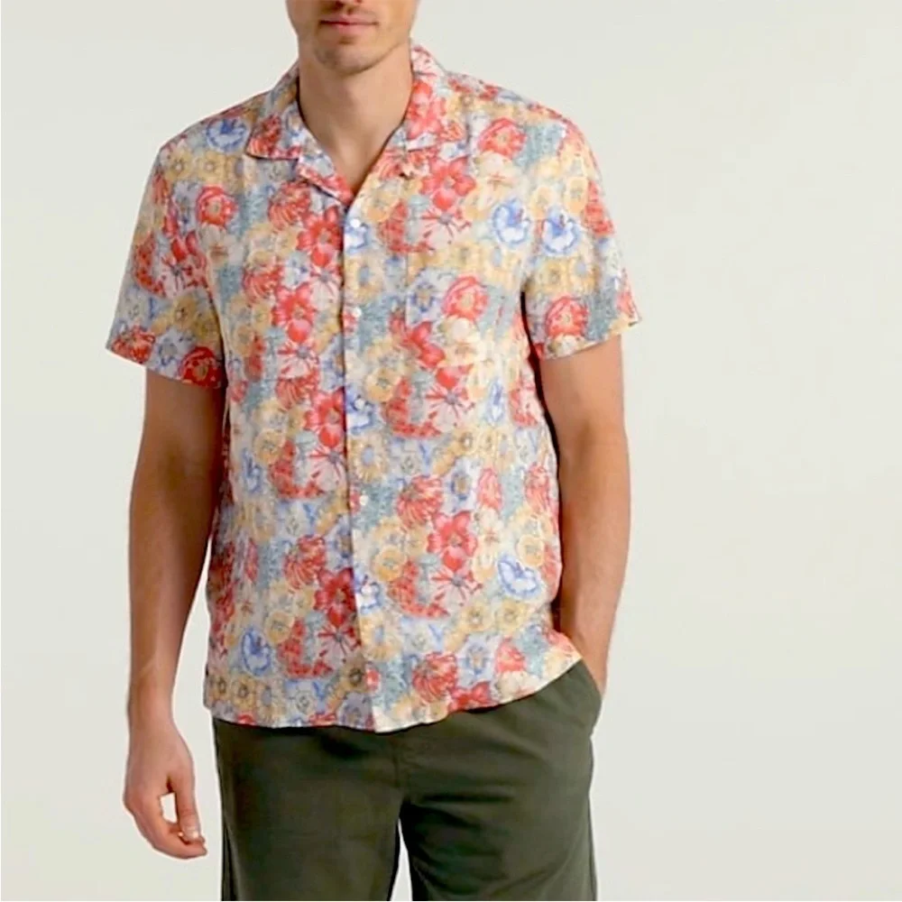 J. Crew Floral Shirt Men's Sz L 100% Linen Camp Collar Button Up Short Sleeve